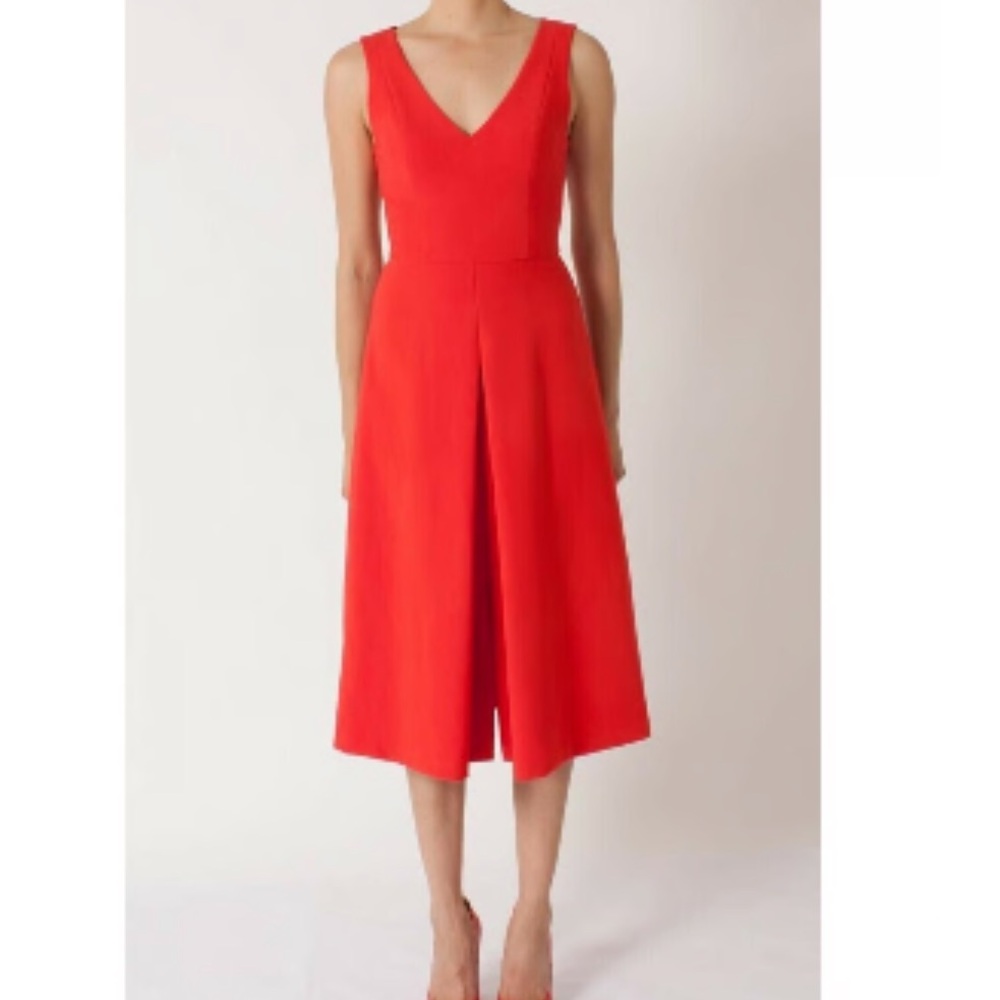 Black Halo Klara Dress Size 4 Orange Red V-Neck Midi Front Slit Pockets